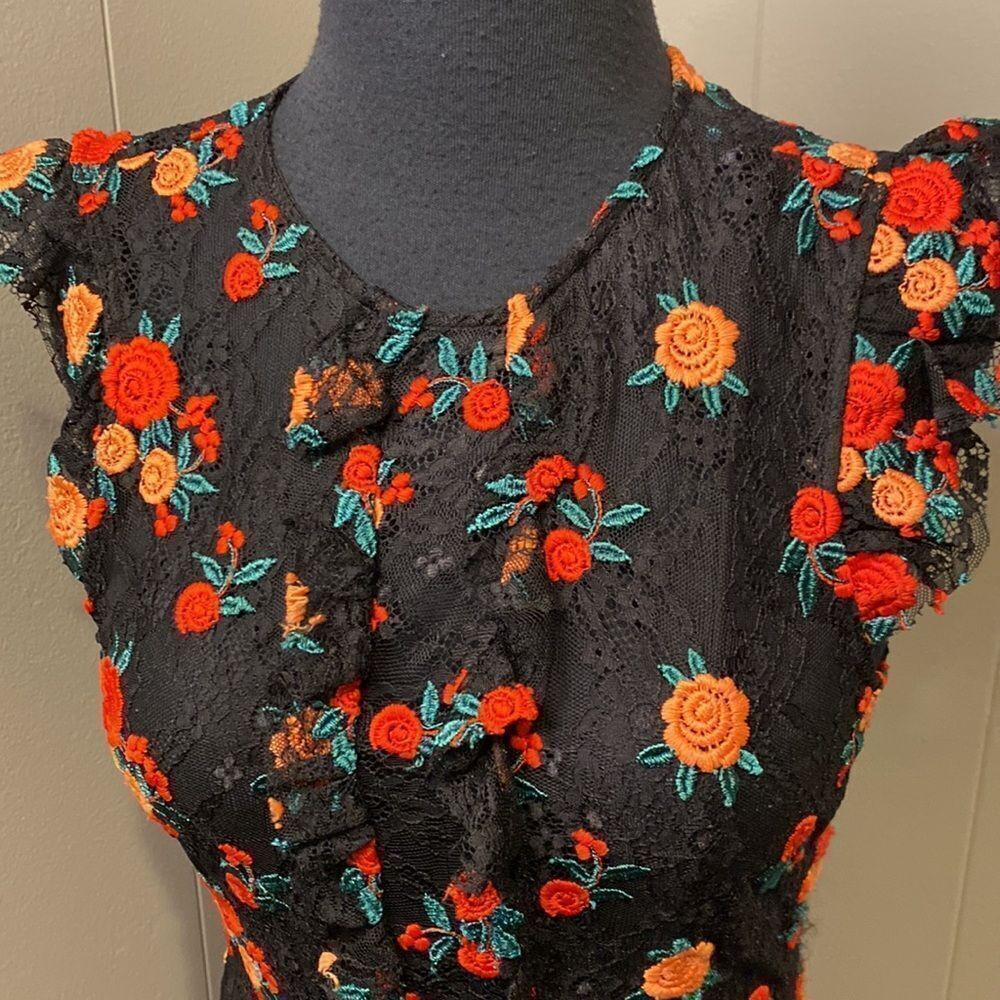 Zara Extra Small Black Lace Floral Midi Dress Black Underlining Long Ruffles - Picture 2 of 8